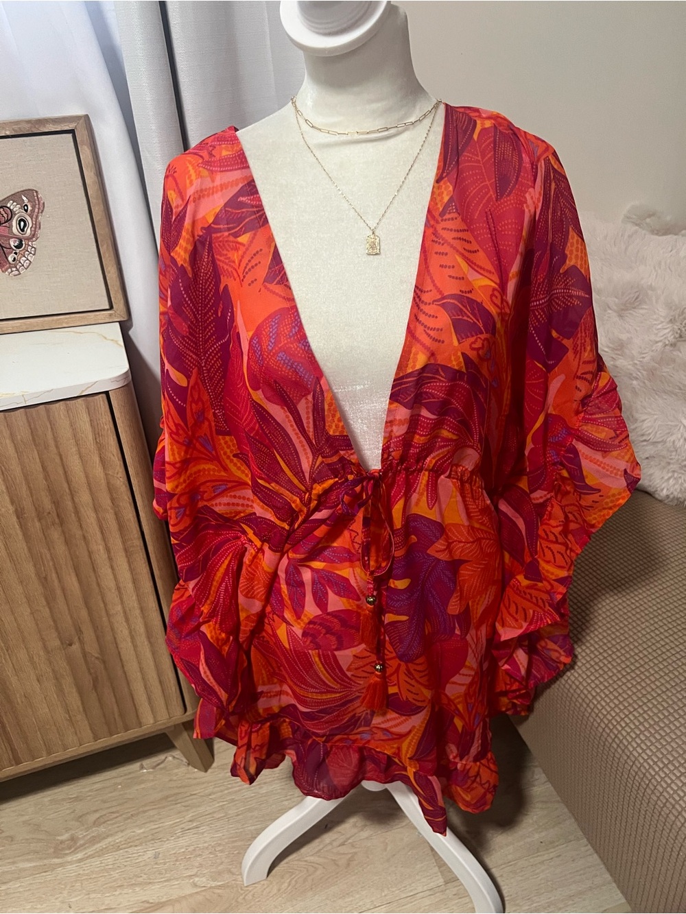 Women's Red-Pink Printed V-Neck cover up